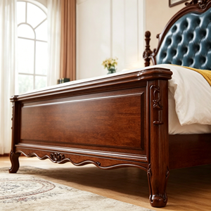 Traditional Queen Size Wooden Bed with Blue Tufted Faux Leather Upholstery and Carved Frame - Product Image 4