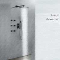 Ensemble de douche mural noir mat en laiton avec mitigeur à poignée unique, système de douche de salle de bain avec robinet de douche à effet pluie