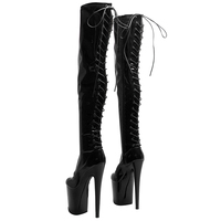 20CM / 8 pouces brevet PU supérieur femmes Sexy talon haut plate-forme dos à lacets Stretch cuisse haute botte pôle danse bottes