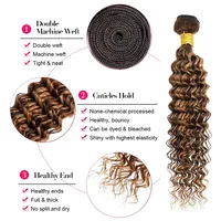 Extensions de cheveux bouclés brésiliens Deep Wave Highlight 4/27, blond miel, marron, tissage double trame, pour une pose parfaite