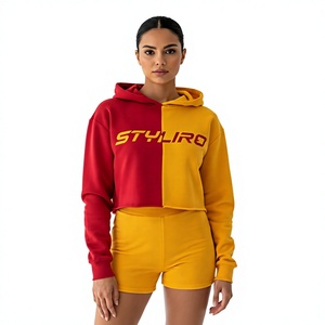 เสื้อฮู้ดดี้ผู้หญิงแบบคัลเลอร์บล็อก ดีไซน์ไม่สมมาตร สีแดงเหลือง สไตล์ลำลอง แขนยาว ผ้าถัก คอตตอน สำหรับฤดูหนาว ปักลาย - Product Image 1