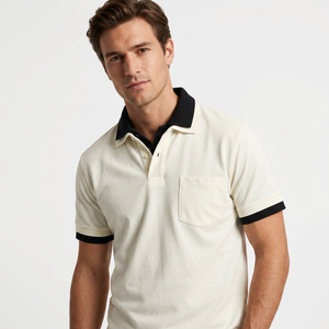 เสื้อโปโลผ้าฝ้ายผู้ชายสีดำ มีกระเป๋าหน้าอก แขนสั้น สไตล์ลำลอง - Product Image 1