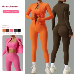 Nuovo completo da Yoga con Logo frontale solido e solido, Cardigan da <span class=keywords><strong>donna</strong></span>, abbigliamento sportivo da corsa, completo da tre pezzi, completo da Fitness ad asciugatura rapida - Product Image 1