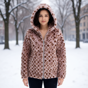 Chaqueta con Capucha de Piel Sintética con Estampado de Leopardo para Mujer, Cierre de Cremallera, Largo Regular, con Logotipo en la Parte Delantera - Product Image 2