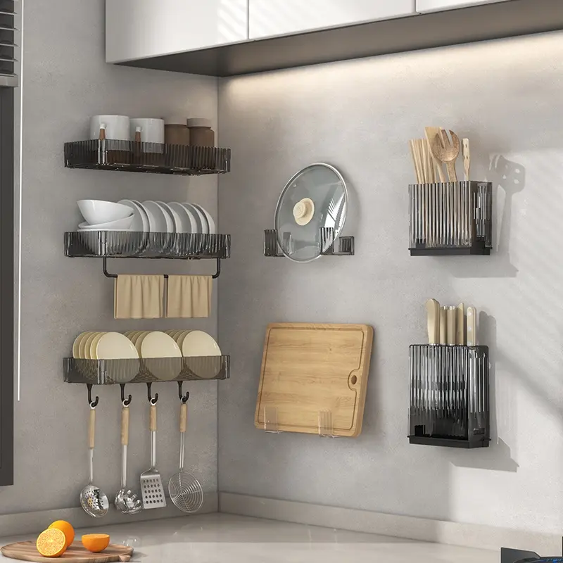 Modern Wall-Mounted Kitchen Organizer Set Plastic Spice Storage Box Corner Shelf Kitchen Knife Storage Holder Bathroom
