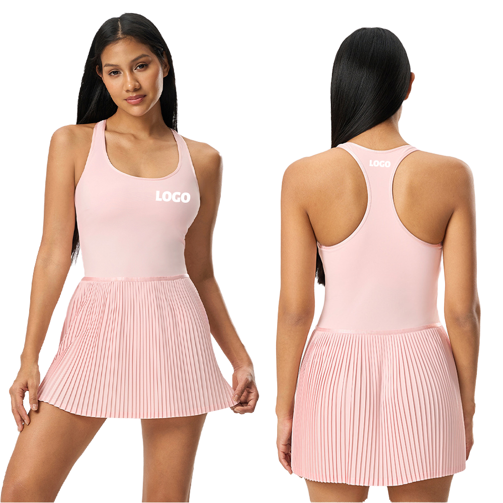Custom Logo Wholesale Womens Sports Dress | New Backless Yoga Tank Dress with Pads Cooling Breathable Pleated Tennis Skirt