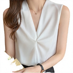 Women's Casual Sleeveless V-Neck Satin <b>Blouse</b> Breathable Elegant Solid Color Regular Fit Spring Summer Top - Product Image 4