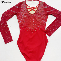 Justaucorps de gymnastique rouge métallisé Mystique de conception personnalisée haut de gamme pour la compétition, manches longues, entièrement orné de strass, costume de gymnastes