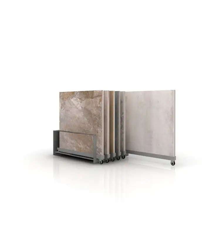 TMJ-2653 Custom Attractive Retail Table Top Showroom Metal Stone Ceramic Tile Display Stand Sliding Rack