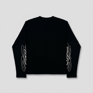 T-shirt à manches longues surdimensionné noir pour homme, 220 grammes, coton sur le devant, streetwear, col rond, imprimé graphique, vêtements décontractés - Product Image 1