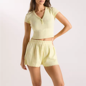 Conjuntos de Pijamas Personalizados para Mujer, 100% Algodón, con Cordón Ajustable, Suaves y Transpirables para Invierno, con Camiseta Tipo Cárdigan y Pantalones Cortos - Product Image 5