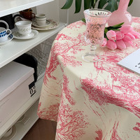 Nappe en tissu de lin imprimé style village français classique, décoration de ferme bleue et rouge, nappe rustique pour mariage