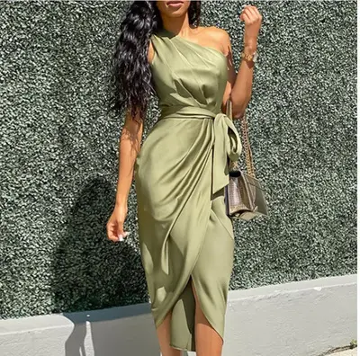 New european and american summer lady party oblique shoulder dress women's irregular strap dress with belt 2023