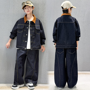 Set di Abbigliamento per Ragazzi Adolescenti Autunno 2026, Completo in Denim Nero e Blu con Colletto Rovesciato, Giacca e Jeans, Set 2 Pezzi - Product Image 2