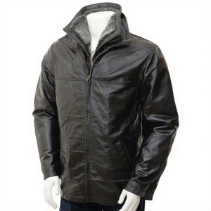 Manteau en cuir véritable noir pour homme avec col en fourrure, veste en cuir de vachette à double fermeture éclair, poches personnalisées, classique, chaud pour l'hiver, nouvelle arrivée - Product Image 1