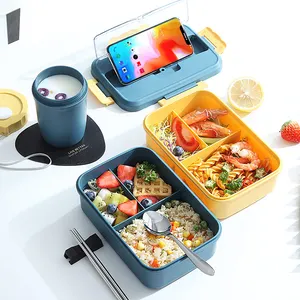 Coffre-fort à micro-ondes boîte à déjeuner Bento vente en gros paille de blé sans BPA boîte de rangement des aliments à 3 grilles boîte à déjeuner avec couverts