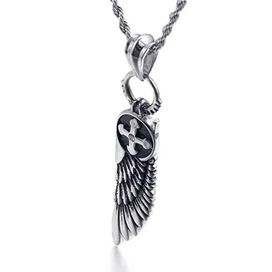 Collier avec pendentif en acier inoxydable, bijoux Punk, ailes d'ange, croix