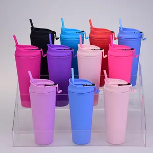 650ml/22oz Double-Layer Plastic Tumbler Plastic Cold Drinking Cup Matte Black Tumbler With Straw And Lid