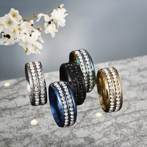 Anillo de Compromiso al por Mayor, Anillo de Acero Inoxidable con Doble Hilera de Circonitas <span class=keywords><strong>para</strong></span> <span class=keywords><strong>Mujer</strong></span> - Product Image 2