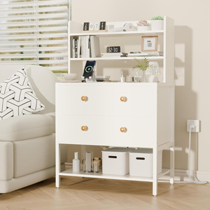 Mesita <span class=keywords><strong>de</strong></span> <span class=keywords><strong>Noche</strong></span> Blanca <span class=keywords><strong>de</strong></span> 24 Pulgadas <span class=keywords><strong>de</strong></span> Ancho con Estación <span class=keywords><strong>de</strong></span> Carga, Mesa Auxiliar <span class=keywords><strong>de</strong></span> 2 Cajones con Estantes Abiertos <span class=keywords><strong>de</strong></span> 4 Niveles para Dormitorio - Product Image 1