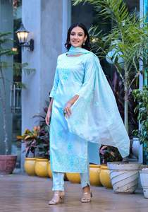 Conjunto de Kurta y Pantalón de Verano para Mujer, Diseño Bordado, Algodón, Cuello Redondo, Largo hasta la Rodilla, con Dupatta y Pantalón - Product Image 4