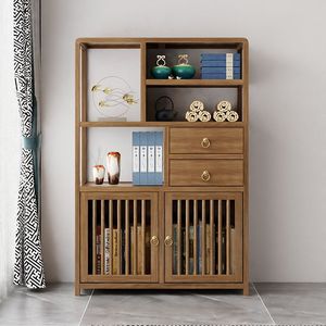 Estante de exhibición de madera maciza, librero de madera de caucho estilo chino, mueble de almacenamiento de pie para sala de estar/gabinete de té - Product Image 2