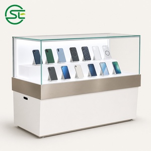 Mostrador de Exhibición para Teléfonos Móviles, Color Blanco con Detalles Azules, Tapa de Vidrio, Mueble para Tienda Minorista, Personalizable - Product Image 1