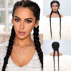 Peluca sintética frontal <span class=keywords><strong>de</strong></span> encaje con <span class=keywords><strong>dos</strong></span> <span class=keywords><strong>trenzas</strong></span> largas, la más vendida al por mayor, para mujer, <span class=keywords><strong>trenzas</strong></span> <span class=keywords><strong>de</strong></span> tres hebras, gorro completo, lista para usar - Product Image 4