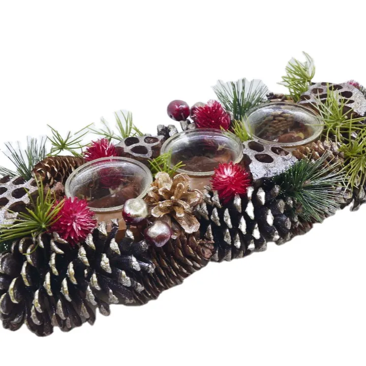 2021 new hot sale Christmas 4 cups candle holder pinecone red berry gold glitter wholesale outdoor and indoor decoration wreath