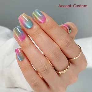 เล็บปลอมสั้นทรงเหลี่ยมหรูหรา คุณภาพสูง CPNP ขายส่ง สีชมพูไล่เฉดโครเมียม ชุดเล็บปลอมพร้อมกาว - Product Image 1