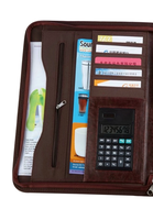 Porte-documents professionnel en cuir personnalisé avec fermeture éclair, organiseur, compartiment de présentation, calculatrice solaire, rangement pour cartes, format A4