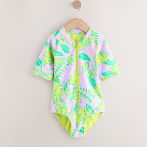 Nuevo traje de baño de una pieza para niñas, con estampado playero a la moda, cremallera, manga corta, personalizado, transpirable, de nailon. - Product Image 3