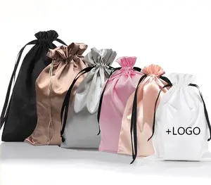 Luxo personalizado preto grosso seda pacote poeira cabelo extensão embalagem impressão Drawstring cetim saco com logotipo