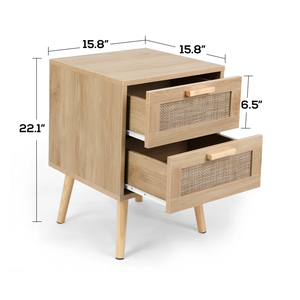 Modern Rattan Bedside Table Solid Wood Legs Two Drawers Bedroom Living Room Hotel Apartment Versatile <strong>Nightstand</strong> Standing <strong>Mirror</strong> - Product Image 3