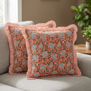 Housse de coussin carrée à fermeture éclair, style occidental, en coton imprimé floral, avec volants, motif saumon foncé, collection Ridhi, très vendue - Product Image 3