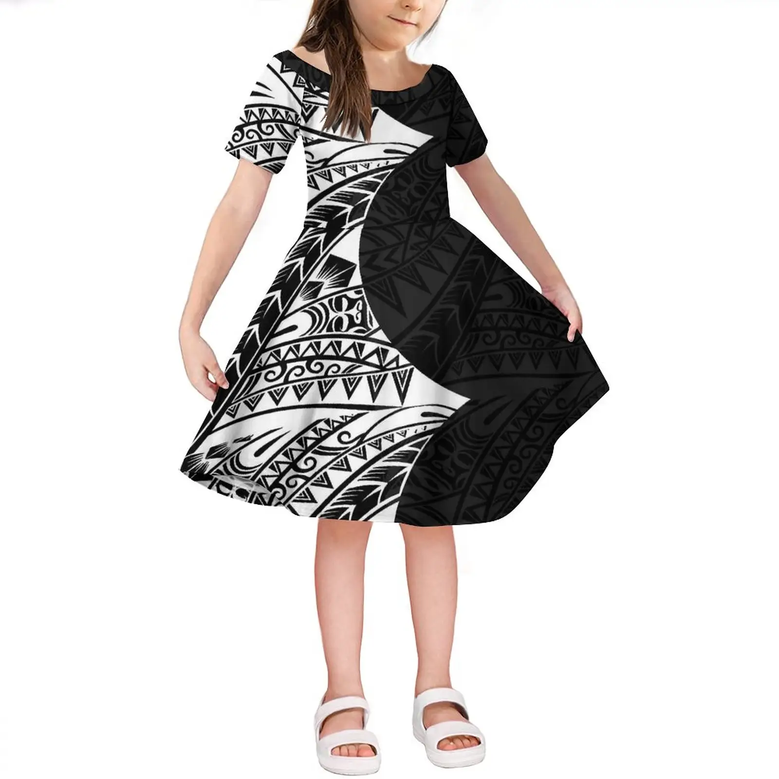Vêtements d'été pour enfants de grande taille, robes polynésiennes blanches et noires à imprimés tribaux