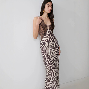 Abito Lungo Estivo da Donna Senza Colletto con Stampa Zebrata e Inserti in Pizzo, Spacco e Spalline, Stile Resort Sexy, per Commercio Transfrontaliero - Product Image 4