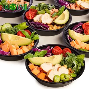 Kustom Bulat Microwave Sekali Pakai Plastik PET Takeaway Buah Salad Penyimpanan Mangkuk Wadah Makanan dengan Tutup