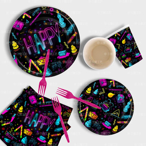 Vajilla Temática Brillante para Fiestas, Platos de Papel con Luz de Neón para Cumpleaños Infantiles, Juego de Vajilla de Papel con Tema de Neón - Product Image 4