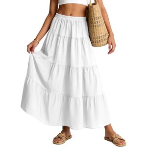 FOXA Flowy Maxi <b>Skirt</b> Women Summer Tiered A Line Elastic Waist Cotton Long <b>Skirt</b> <b>Boho</b> Style Flared Ruffle Pleated <b>Skirts</b> - Product Image 1