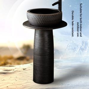 Lavabo de Pedestal Redondo de Cerámica con Puntos Negros en Rojo Oscuro, Integrado en Columna, para Baño o Exterior - Product Image 2