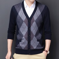 Cardigan en tricot jacquard à col en V pour homme, à boutons, manches longues, deux poches latérales, coupe classique, pour le travail, automne-hiver, pull chaud