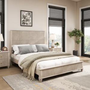 Ensemble de meubles pour hôtel et maison : 2 tables de chevet robustes assorties, lit plateforme en bois massif beige à rainures verticales, taille <span class=keywords><strong>Queen</strong></span> - Product Image 2