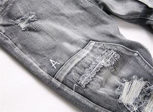 Nouveau jean d'hiver pour homme, tendance, décontracté, coupe <span class=keywords><strong>slim</strong></span> droite, style urbain, gris délavé, avec patchwork perforé et broderies tricotées - Product Image 3