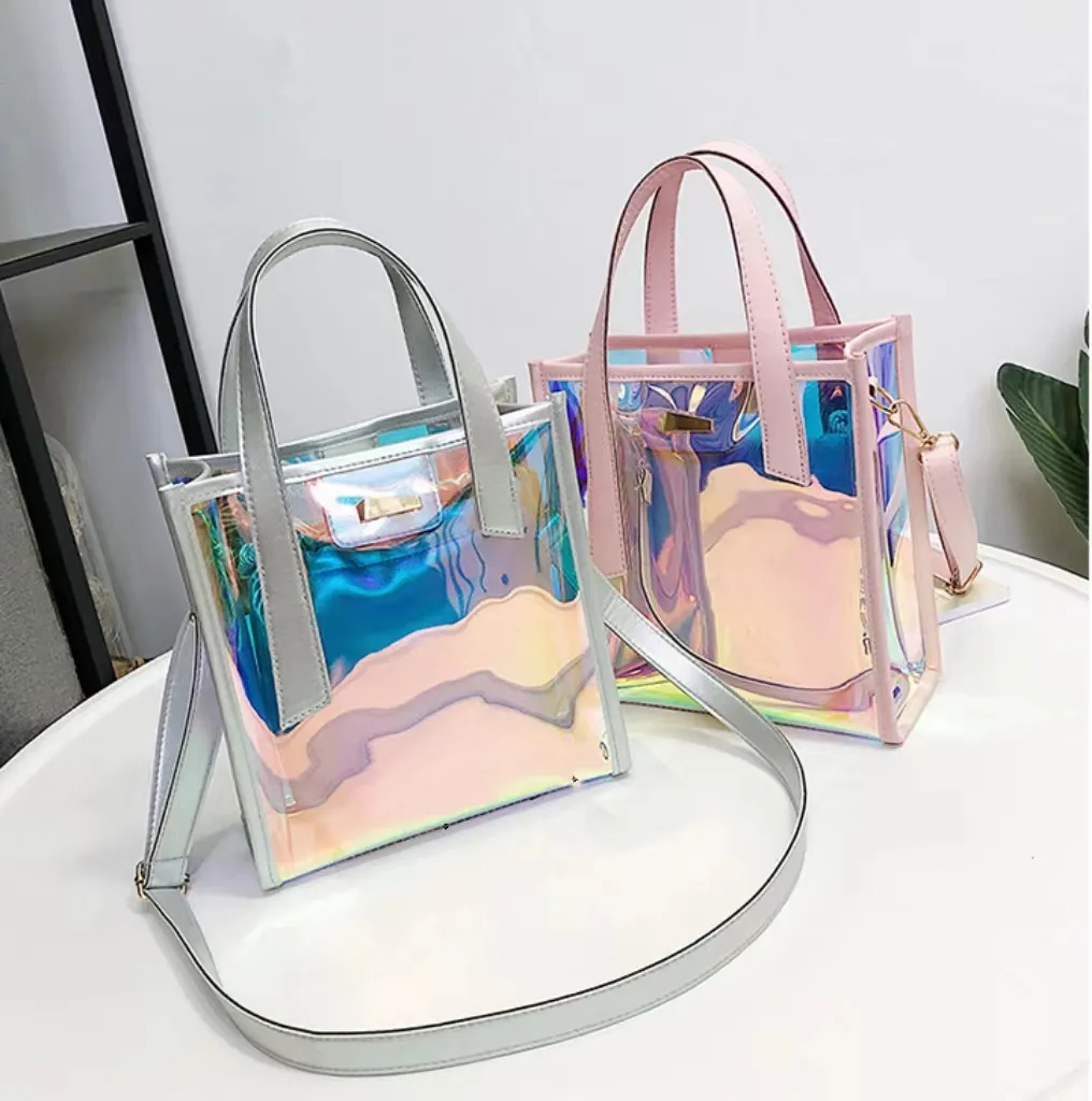 2024 new product Iridescent Tote Handbag for Women Fashionable Square Bag with Zipper Closure Two Handles Polyester Lining-Gift