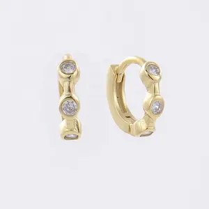 925 Sterling Silver Round Halo Earrings 3 Micro Zircon Stone Earrings Gold Huggies 14k Woman