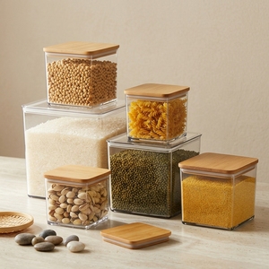 Envase Cuadrado YAFU de Gran Capacidad para Ensaladas, <span class=keywords><strong>Sushi</strong></span>, Frutas, Dulces, Café, Pizza, Galletas, Alimentos, Tarro de Plástico PET con Tapa de Bambú - Product Image 1