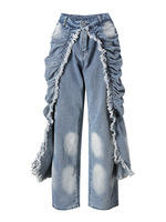 Jean décontracté streetwear pour femme, coupe droite, délavé, avec volants et plis, collection automne-hiver-printemps