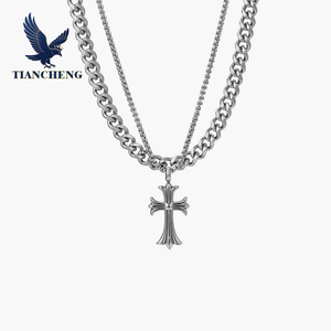 批发不锈钢双层十字架吊坠项链男士宗教基督教链式吊坠项链 - Product Image 1