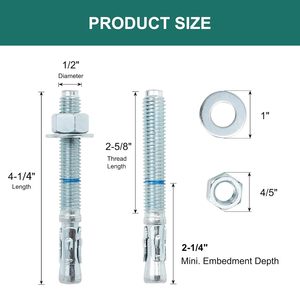 Hoogwaardige, zware 1/2" x 4-1/4" verzilverde gegalvaniseerde stalen wigankerschroeven van koolstofstaal - Product Image 2